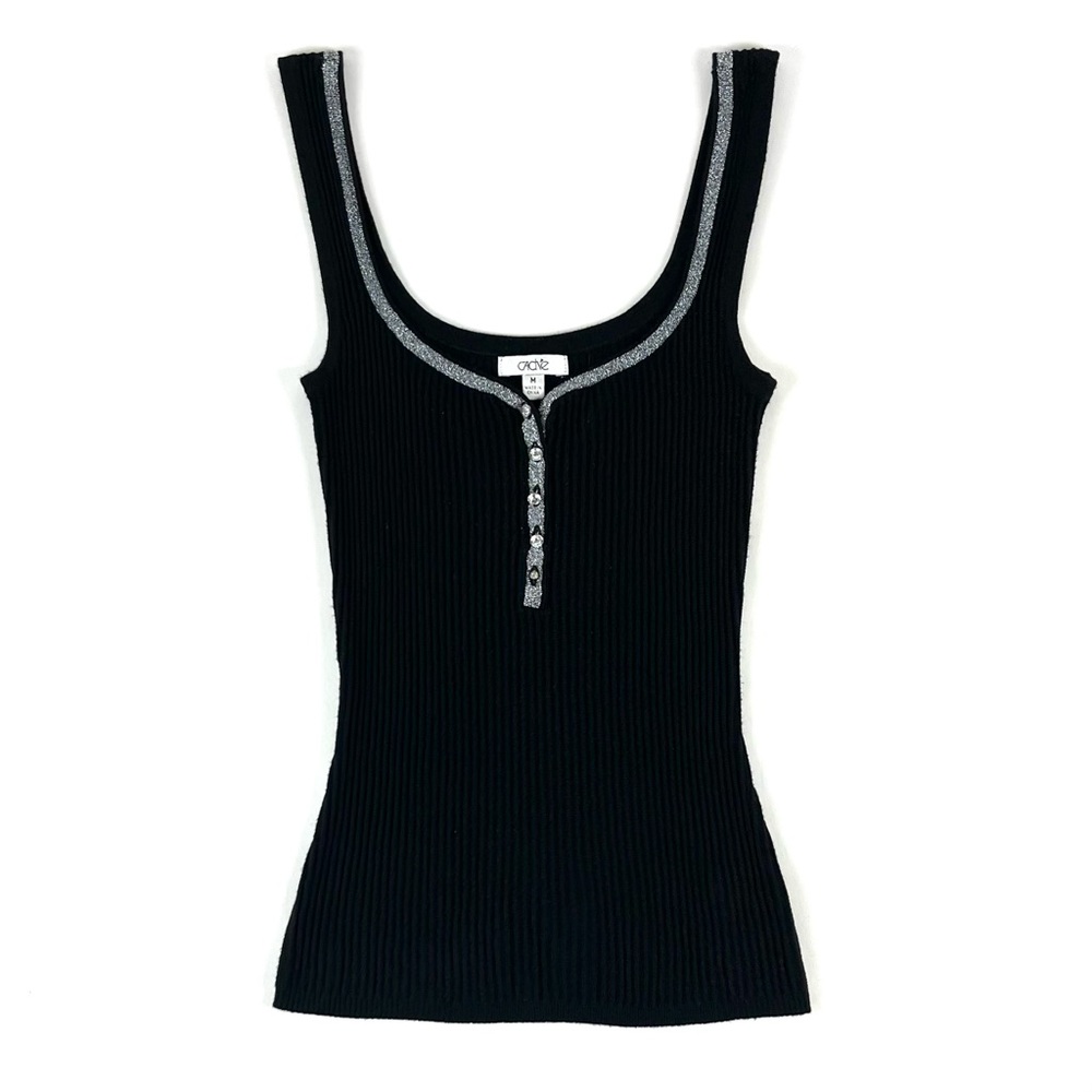 Cache Black Ribbed Sparkle Trim Button Up Tank Top - image 1